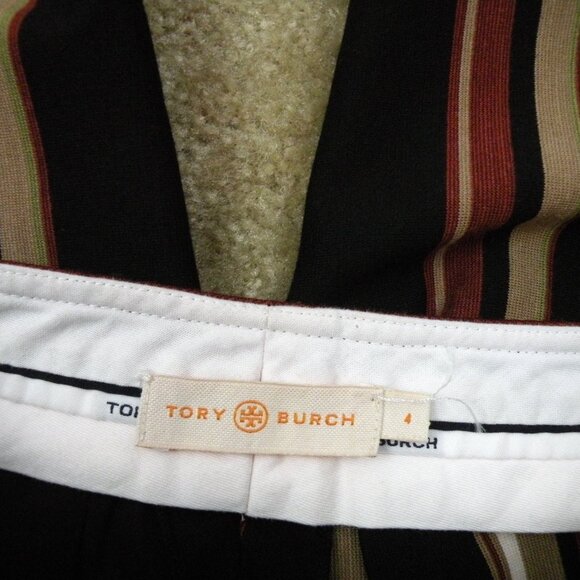 TORY BURCH Pants Women 4 Brown Stripe Phoebe Stretch Gold Buttons Cropped - Picture 7 of 7